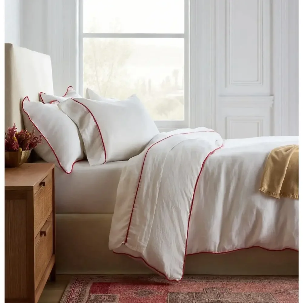 Quince European Linen Piped Duvet Cover Full Queen White Cherry NWOT Linen